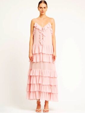 Torn by Ronny Kobo Orcadia Maxi Dress S Chiffon Tiered Ruffle Romantic